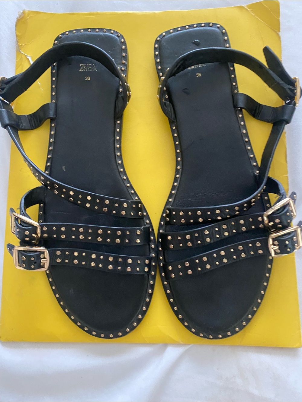 Zara Black Studded Women's Leather Sandals size 38